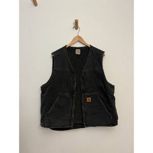 Vtg Carhartt Sherpa Black Gray Fleece Lined Work Vest Mens Large Distressed